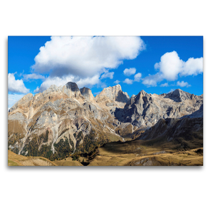 Premium Textil-Leinwand 120 x 80 cm Quer-Format Der Gran Vernel (3210 m) und die Punta Penia (3343 m), der höchste Gipfel der Marmolata Gruppe, in den herbstlichen Dolomiten | Wandbild, HD-Bild auf Keilrahmen, Fertigbild auf hochwertigem Vlies, Leinwanddruck von Martin Zwick