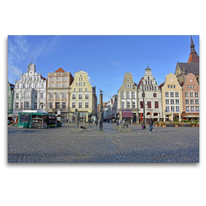 Premium Textil-Leinwand 120 x 80 cm Quer-Format Der Neue Markt mit dem Möwenbrunnen, Rostocks zentraler Platz | Wandbild, HD-Bild auf Keilrahmen, Fertigbild auf hochwertigem Vlies, Leinwanddruck von Ulrich Senff