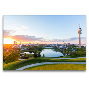 Premium Textil-Leinwand 120 x 80 cm Quer-Format Der Olympiapark mit dem Olympiastadion und dem Olympiaturm in München | Wandbild, HD-Bild auf Keilrahmen, Fertigbild auf hochwertigem Vlies, Leinwanddruck von Werner Dieterich