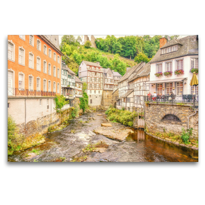 Premium Textil-Leinwand 120 x 80 cm Quer-Format Der pittoreske Ortskern mit seinen Fachwerkhäusern über der Rur in Monschau, Eifel | Wandbild, HD-Bild auf Keilrahmen, Fertigbild auf hochwertigem Vlies, Leinwanddruck von Bettina Hackstein