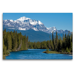 Premium Textil-Leinwand 120 x 80 cm Quer-Format Der verschneite Gipfel des Mount Temple erhebt sich hoch über das bewaldete Tal des Bow River | Wandbild, HD-Bild auf Keilrahmen, Fertigbild auf hochwertigem Vlies, Leinwanddruck von Daniel Meissner