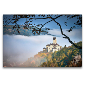 Premium Textil-Leinwand 120 x 80 cm Quer-Format Die Burg Kipfenberg im herbstlichen Morgennebel | Wandbild, HD-Bild auf Keilrahmen, Fertigbild auf hochwertigem Vlies, Leinwanddruck von Markus Treffer