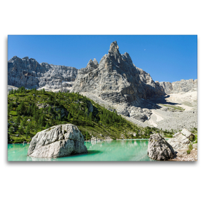 Premium Textil-Leinwand 120 x 80 cm Quer-Format Die Cima de Falkner (3053 m), der Dito di Dio (2603 m) und der Lago di Sorapis in den Ampezzaner Dolomiten | Wandbild, HD-Bild auf Keilrahmen, Fertigbild auf hochwertigem Vlies, Leinwanddruck von Martin Zwick