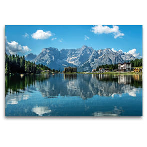 Premium Textil-Leinwand 120 x 80 cm Quer-Format Die Dolomiten spiegeln sich im Misurinasee | Wandbild, HD-Bild auf Keilrahmen, Fertigbild auf hochwertigem Vlies, Leinwanddruck von Sascha Ferrari