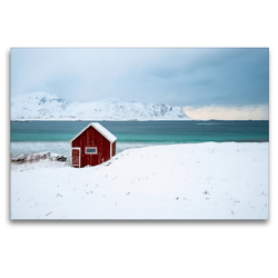 Premium Textil-Leinwand 120 x 80 cm Quer-Format Auf den Lofoten – Die Hütte am Meer | Wandbild, HD-Bild auf Keilrahmen, Fertigbild auf hochwertigem Vlies, Leinwanddruck von Astrid Purkert