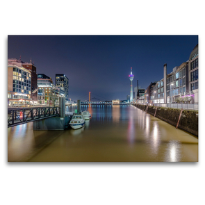 Premium Textil-Leinwand 120 x 80 cm Quer-Format Düsseldorf Medienhafen bei Nacht | Wandbild, HD-Bild auf Keilrahmen, Fertigbild auf hochwertigem Vlies, Leinwanddruck von Alexander Gründel