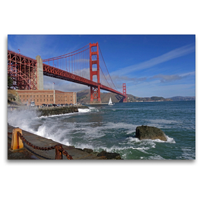 Premium Textil-Leinwand 120 x 80 cm Quer-Format Eindrucksvolle Golden Gate Bridge mit Fort Point über das Golden Gate in Kalifornien, San Francisco. Amerika, USA, Meer, Wasser, Ruhe, Architektur | Wandbild, HD-Bild auf Keilrahmen, Fertigbild auf hochwertigem Vlies, Leinwanddruck von Markus Pitzer