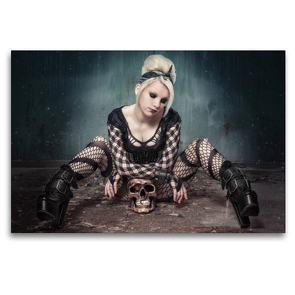 Premium Textil-Leinwand 120 x 80 cm Quer-Format Gothic Girl mit Totenkopf | Wandbild, HD-Bild auf Keilrahmen, Fertigbild auf hochwertigem Vlies, Leinwanddruck von N N