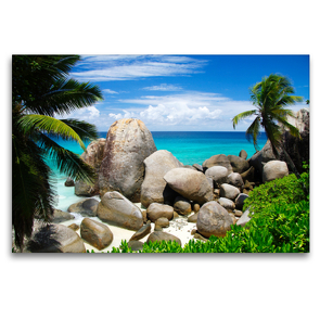 Premium Textil-Leinwand 120 x 80 cm Quer-Format Granitfelsen an der Carana Bay / Seychellen | Wandbild, HD-Bild auf Keilrahmen, Fertigbild auf hochwertigem Vlies, Leinwanddruck von Janita Webeler