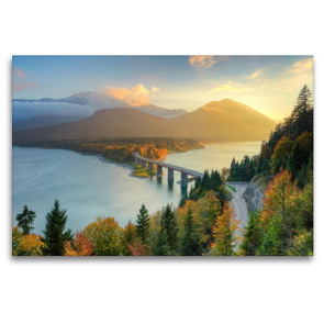 Premium Textil-Leinwand 120 x 80 cm Quer-Format Herbst am Sylvensteinsee in Bayern | Wandbild, HD-Bild auf Keilrahmen, Fertigbild auf hochwertigem Vlies, Leinwanddruck von Michael Valjak