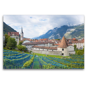 Premium Textil-Leinwand 120 x 80 cm Quer-Format Historisches Städtchen Chur inmitten von Weinbergen | Wandbild, HD-Bild auf Keilrahmen, Fertigbild auf hochwertigem Vlies, Leinwanddruck von SusaZoom