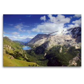 Premium Textil-Leinwand 120 x 80 cm Quer-Format Marmolada mit Fedaiasee | Wandbild, HD-Bild auf Keilrahmen, Fertigbild auf hochwertigem Vlies, Leinwanddruck von Gerhard Albicker