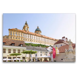 Premium Textil-Leinwand 120 x 80 cm Quer-Format Melk, Hauptplatz, Stift Melk | Wandbild, HD-Bild auf Keilrahmen, Fertigbild auf hochwertigem Vlies, Leinwanddruck von Hanna Wagner