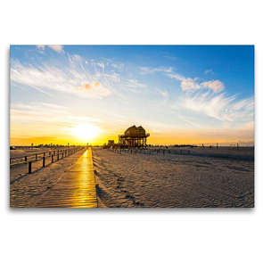 Premium Textil-Leinwand 120 x 80 cm Quer-Format Pfahlbau im Sonnenuntergang | Wandbild, HD-Bild auf Keilrahmen, Fertigbild auf hochwertigem Vlies, Leinwanddruck von A. Dreegmeyer