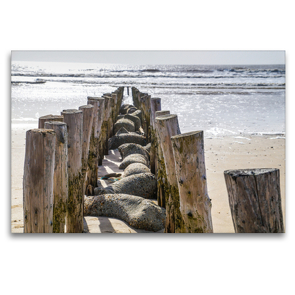 Premium Textil-Leinwand 120 x 80 cm Quer-Format Pfahlreihe am Strand von Blåvand | Wandbild, HD-Bild auf Keilrahmen, Fertigbild auf hochwertigem Vlies, Leinwanddruck von DannyTchi