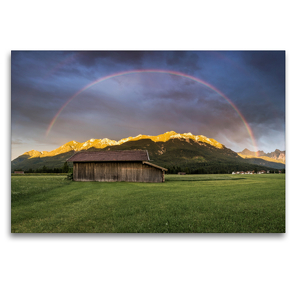 Premium Textil-Leinwand 120 x 80 cm Quer-Format Regenbogen über dem Karwendel | Wandbild, HD-Bild auf Keilrahmen, Fertigbild auf hochwertigem Vlies, Leinwanddruck von Martin Wasilewski