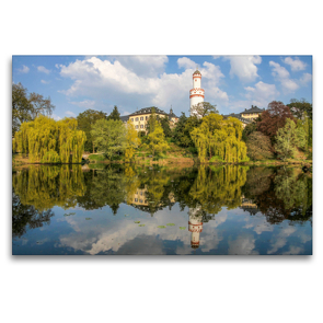 Premium Textil-Leinwand 120 x 80 cm Quer-Format Schlosspark und weißer Turm in Bad Homburg | Wandbild, HD-Bild auf Keilrahmen, Fertigbild auf hochwertigem Vlies, Leinwanddruck von Christian Müringer