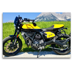 Premium Textil-Leinwand 120 x 80 cm Quer-Format Scrambler 800 vor Wiese und Gebirge | Wandbild, HD-Bild auf Keilrahmen, Fertigbild auf hochwertigem Vlies, Leinwanddruck von Peter Franko