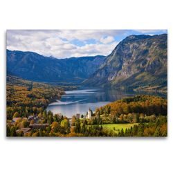 Premium Textil-Leinwand 120 x 80 cm Quer-Format See Bohinj Landschaft im Herbst | Wandbild, HD-Bild auf Keilrahmen, Fertigbild auf hochwertigem Vlies, Leinwanddruck von iPics Photography