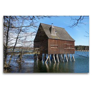 Premium Textil-Leinwand 120 x 80 cm Quer-Format Stelzenhaus – Plothener Teiche | Wandbild, HD-Bild auf Keilrahmen, Fertigbild auf hochwertigem Vlies, Leinwanddruck von Flori0