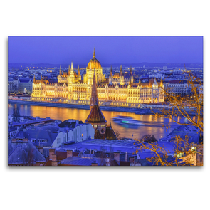 Premium Textil-Leinwand 120 x 80 cm Quer-Format Traumhafter Blick über die Donau auf das Parlament von der Fischerbastei aus, zur blauen Stunde | Wandbild, HD-Bild auf Keilrahmen, Fertigbild auf hochwertigem Vlies, Leinwanddruck von Bettina Hackstein