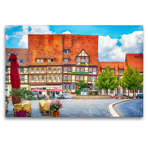 Premium Textil-Leinwand 120 x 80 cm Quer-Format Vor dem Mathildenbrunnen in der Neustadt in Quedlinburg, die vor den Mauern der Altstadt um 1200 entstand. | Wandbild, HD-Bild auf Keilrahmen, Fertigbild auf hochwertigem Vlies, Leinwanddruck von Ulrich Männel studio-fifty-five