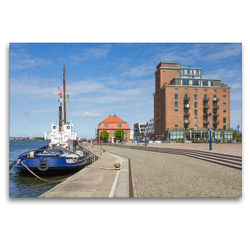 Premium Textil-Leinwand 120 x 80 cm Quer-Format Wismars Hafen mit Baumhaus und dem Ohlerich Speicher | Wandbild, HD-Bild auf Keilrahmen, Fertigbild auf hochwertigem Vlies, Leinwanddruck von Holger Felix