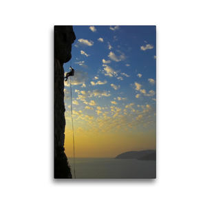 Premium Textil-Leinwand 30 x 45 cm Hoch-Format Klettern im Sonnenuntergang | Wandbild, HD-Bild auf Keilrahmen, Fertigbild auf hochwertigem Vlies, Leinwanddruck von Rolf Dietz