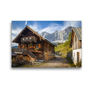 Premium Textil-Leinwand 45 x 30 cm Quer-Format Alte Hütte auf der Neustattalm (1.530 m) vor der Dachstein-Südwand | Wandbild, HD-Bild auf Keilrahmen, Fertigbild auf hochwertigem Vlies, Leinwanddruck von Christian Müringer