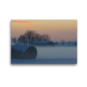 Premium Textil-Leinwand 45 x 30 cm Quer-Format Bauernhof im Abendnebel | Wandbild, HD-Bild auf Keilrahmen, Fertigbild auf hochwertigem Vlies, Leinwanddruck von kattobello