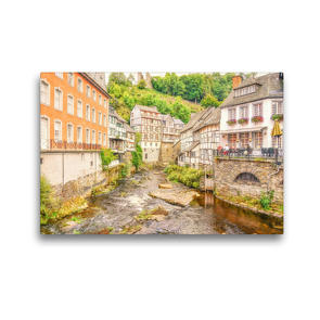 Premium Textil-Leinwand 45 x 30 cm Quer-Format Der pittoreske Ortskern mit seinen Fachwerkhäusern über der Rur in Monschau, Eifel | Wandbild, HD-Bild auf Keilrahmen, Fertigbild auf hochwertigem Vlies, Leinwanddruck von Bettina Hackstein