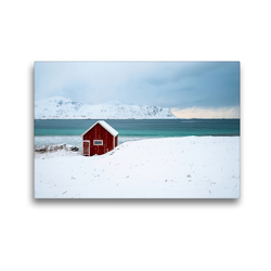 Premium Textil-Leinwand 45 x 30 cm Quer-Format Auf den Lofoten – Die Hütte am Meer | Wandbild, HD-Bild auf Keilrahmen, Fertigbild auf hochwertigem Vlies, Leinwanddruck von Astrid Purkert