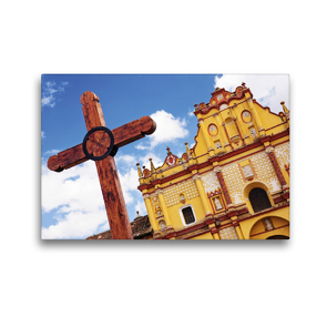 Premium Textil-Leinwand 45 x 30 cm Quer-Format Ein Holzkreuz vor der Kathedrale San Cristobal de las Casas | Wandbild, HD-Bild auf Keilrahmen, Fertigbild auf hochwertigem Vlies, Leinwanddruck von CALVENDO