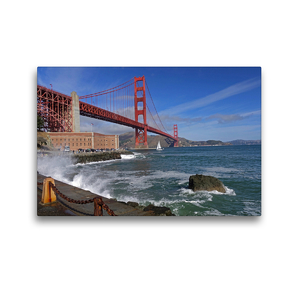 Premium Textil-Leinwand 45 x 30 cm Quer-Format Eindrucksvolle Golden Gate Bridge mit Fort Point über das Golden Gate in Kalifornien, San Francisco. Amerika, USA, Meer, Wasser, Ruhe, Architektur | Wandbild, HD-Bild auf Keilrahmen, Fertigbild auf hochwertigem Vlies, Leinwanddruck von Markus Pitzer