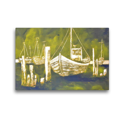 Premium Textil-Leinwand 45 x 30 cm Quer-Format Fischkutter an der Ostsee – monochromes Gemälde | Wandbild, HD-Bild auf Keilrahmen, Fertigbild auf hochwertigem Vlies, Leinwanddruck von Michaela Schimmack