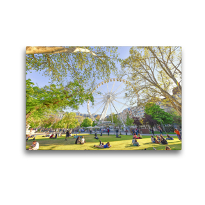 Premium Textil-Leinwand 45 x 30 cm Quer-Format Flanieren, relaxen, picknicken, der Treffpunkt unter dem Riesenrad „Budapest Eye“ | Wandbild, HD-Bild auf Keilrahmen, Fertigbild auf hochwertigem Vlies, Leinwanddruck von Bettina Hackstein