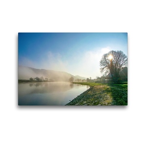 Premium Textil-Leinwand 45 x 30 cm Quer-Format Heinsen am Morgen, eine Weseransicht | Wandbild, HD-Bild auf Keilrahmen, Fertigbild auf hochwertigem Vlies, Leinwanddruck von Fotografiecentrum Weserbergland