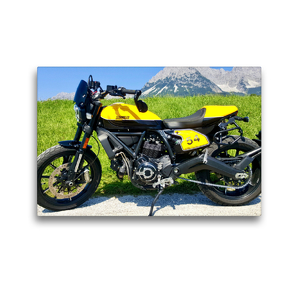 Premium Textil-Leinwand 45 x 30 cm Quer-Format Scrambler 800 vor Wiese und Gebirge | Wandbild, HD-Bild auf Keilrahmen, Fertigbild auf hochwertigem Vlies, Leinwanddruck von Peter Franko