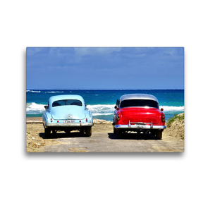 Premium Textil-Leinwand 45 x 30 cm Quer-Format Zwei Oldtimer am Strand der Stadt Guanabo in Kuba | Wandbild, HD-Bild auf Keilrahmen, Fertigbild auf hochwertigem Vlies, Leinwanddruck von Henning von Löwis of Menar