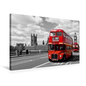 Premium Textil-Leinwand 75 cm x 50 cm quer, LONDON Houses of Parliament und rote Busse | Wandbild, Bild auf Keilrahmen, Fertigbild auf echter Leinwand, Leinwanddruck von Melanie Viola