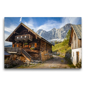 Premium Textil-Leinwand 75 x 50 cm Quer-Format Alte Hütte auf der Neustattalm (1.530 m) vor der Dachstein-Südwand | Wandbild, HD-Bild auf Keilrahmen, Fertigbild auf hochwertigem Vlies, Leinwanddruck von Christian Müringer