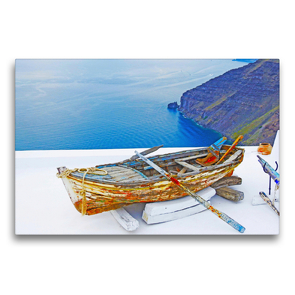 Premium Textil-Leinwand 75 x 50 cm Quer-Format Altes Fischerboot auf der griechischen Insel Santorini | Wandbild, HD-Bild auf Keilrahmen, Fertigbild auf hochwertigem Vlies, Leinwanddruck von Melanie Sommer