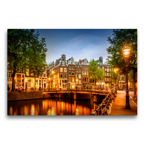 Premium Textil-Leinwand 75 x 50 cm Quer-Format AMSTERDAM Abendidylle an der Singel | Wandbild, HD-Bild auf Keilrahmen, Fertigbild auf hochwertigem Vlies, Leinwanddruck von Melanie Viola