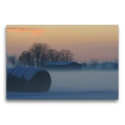 Premium Textil-Leinwand 75 x 50 cm Quer-Format Bauernhof im Abendnebel | Wandbild, HD-Bild auf Keilrahmen, Fertigbild auf hochwertigem Vlies, Leinwanddruck von kattobello