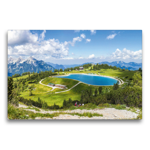 Premium Textil-Leinwand 75 x 50 cm Quer-Format Beeindruckende Landschaft des Totengebirges und dem Speichersee auf der Höss in Hinterstoder | Wandbild, HD-Bild auf Keilrahmen, Fertigbild auf hochwertigem Vlies, Leinwanddruck von Markus Schieder