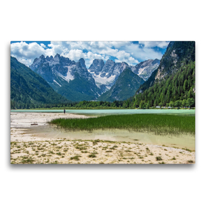 Premium Textil-Leinwand 75 x 50 cm Quer-Format Blick zum Dürrensee und zur Cristallogruppe in den Dolomiten | Wandbild, HD-Bild auf Keilrahmen, Fertigbild auf hochwertigem Vlies, Leinwanddruck von Sascha Ferrari