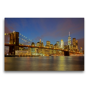 Premium Textil-Leinwand 75 x 50 cm Quer-Format Brooklyn Bridge mit Skyline bei Nacht | Wandbild, HD-Bild auf Keilrahmen, Fertigbild auf hochwertigem Vlies, Leinwanddruck von Franz Tangermann