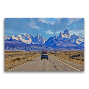 Premium Textil-Leinwand 75 x 50 cm Quer-Format Cerro Torre & Fitz Roy, Patagonien, Argentinien – Campervan Vanlife | Wandbild, HD-Bild auf Keilrahmen, Fertigbild auf hochwertigem Vlies, Leinwanddruck von © viaje.ch