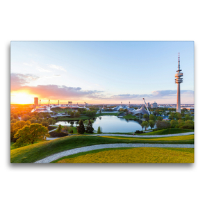 Premium Textil-Leinwand 75 x 50 cm Quer-Format Der Olympiapark mit dem Olympiastadion und dem Olympiaturm in München | Wandbild, HD-Bild auf Keilrahmen, Fertigbild auf hochwertigem Vlies, Leinwanddruck von Werner Dieterich