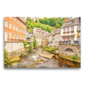 Premium Textil-Leinwand 75 x 50 cm Quer-Format Der pittoreske Ortskern mit seinen Fachwerkhäusern über der Rur in Monschau, Eifel | Wandbild, HD-Bild auf Keilrahmen, Fertigbild auf hochwertigem Vlies, Leinwanddruck von Bettina Hackstein